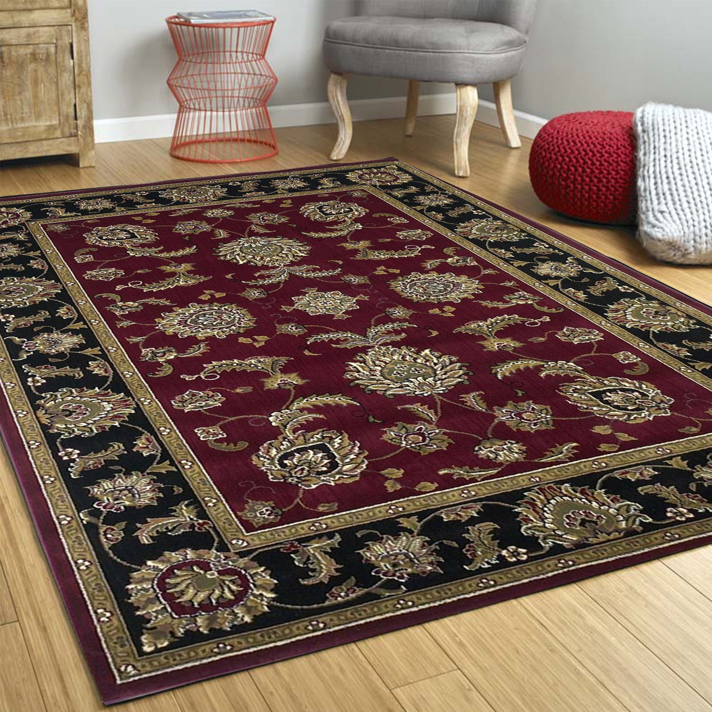 7' Octagon Red Or Black Floral Vines Bordered Indoor Area Rug