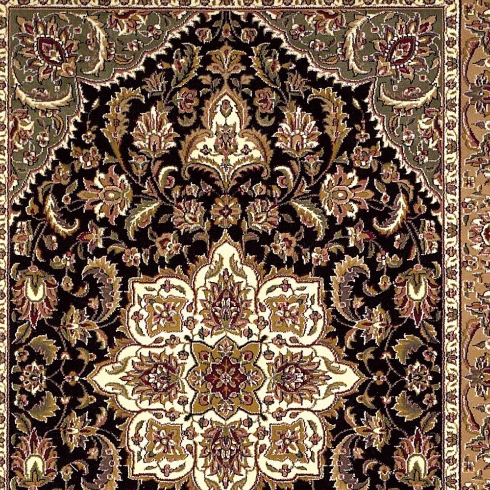 3' X 5' Black Beige Machine Woven Floral Medallion Indoor Area Rug