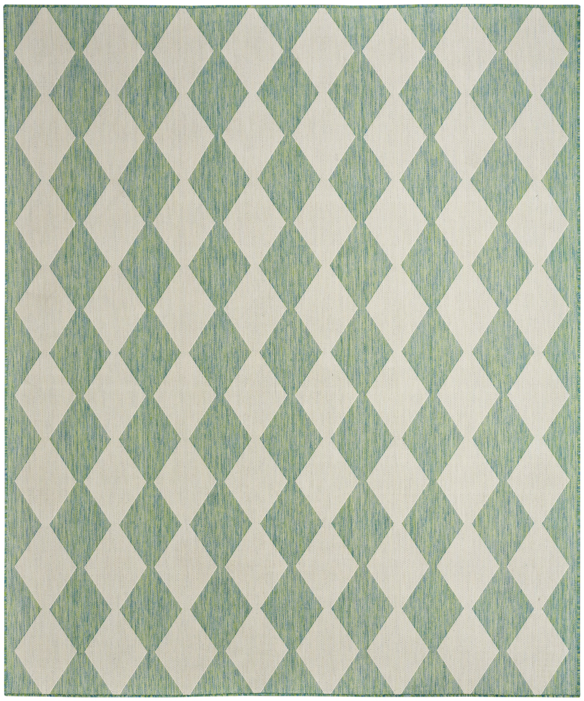 Muted green and cream diamond harlequin rug, woven textured rectangular area rug for living spaces.