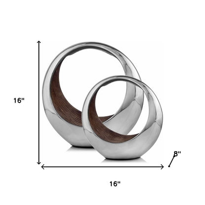 16" Silver and Brown Buffed Aluminum Tabletop Sculpture