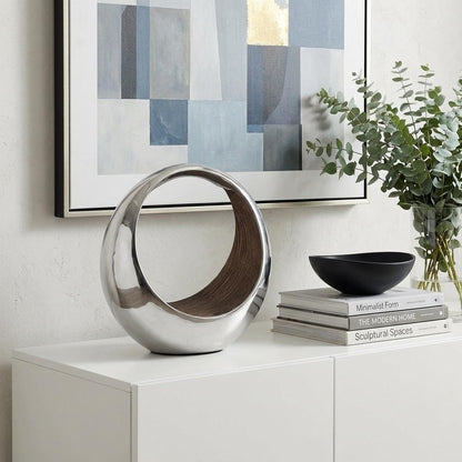 16" Silver and Brown Buffed Aluminum Tabletop Sculpture