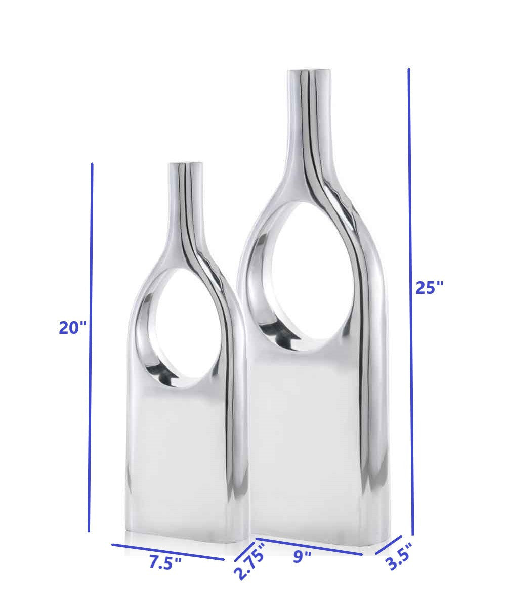 Set of Two Silver Aluminum Modern Hole Table Vases