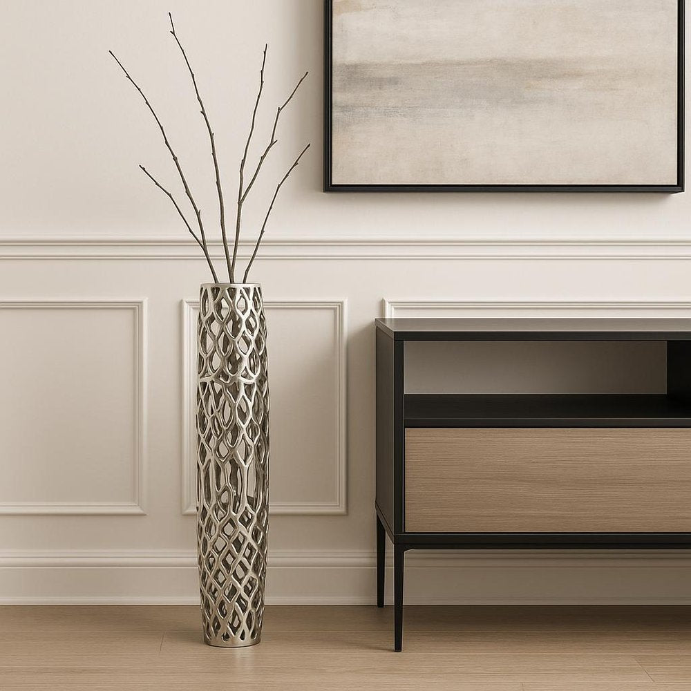47" Aluminum Silver Twigs Cylinder Floor Vase