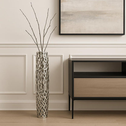 47" Aluminum Silver Twigs Cylinder Floor Vase
