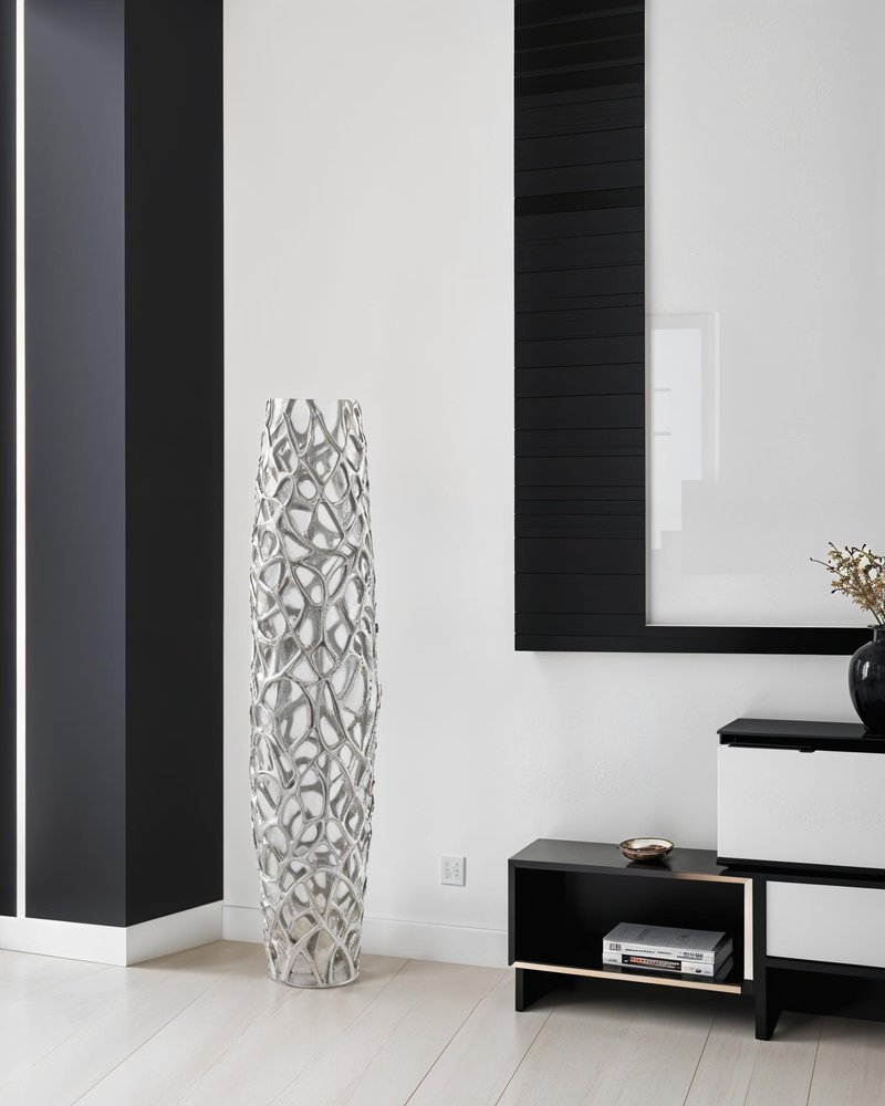 47" Aluminum Silver Twigs Cylinder Floor Vase
