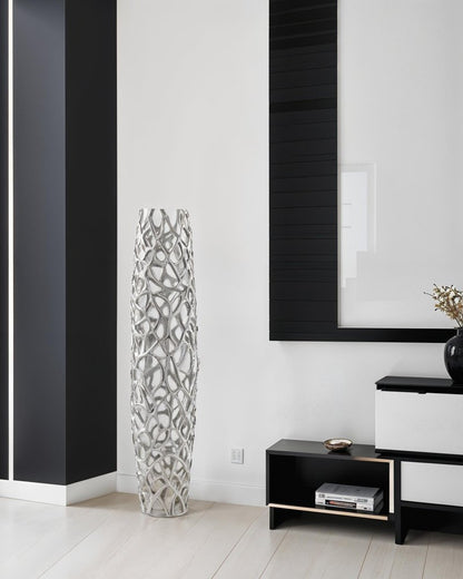47" Aluminum Silver Twigs Cylinder Floor Vase