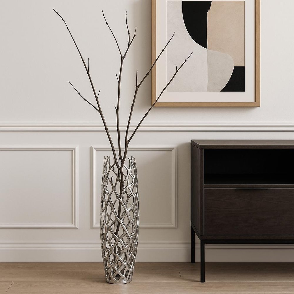 47" Aluminum Silver Twigs Cylinder Floor Vase