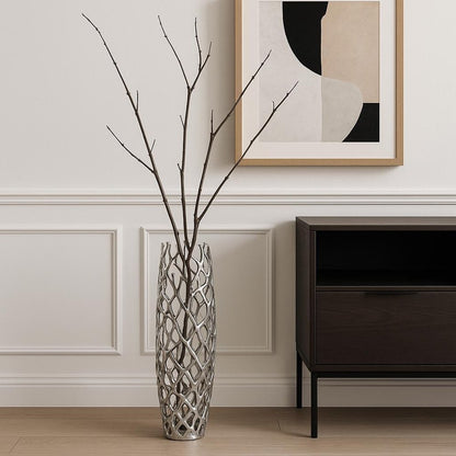 47" Aluminum Silver Twigs Cylinder Floor Vase