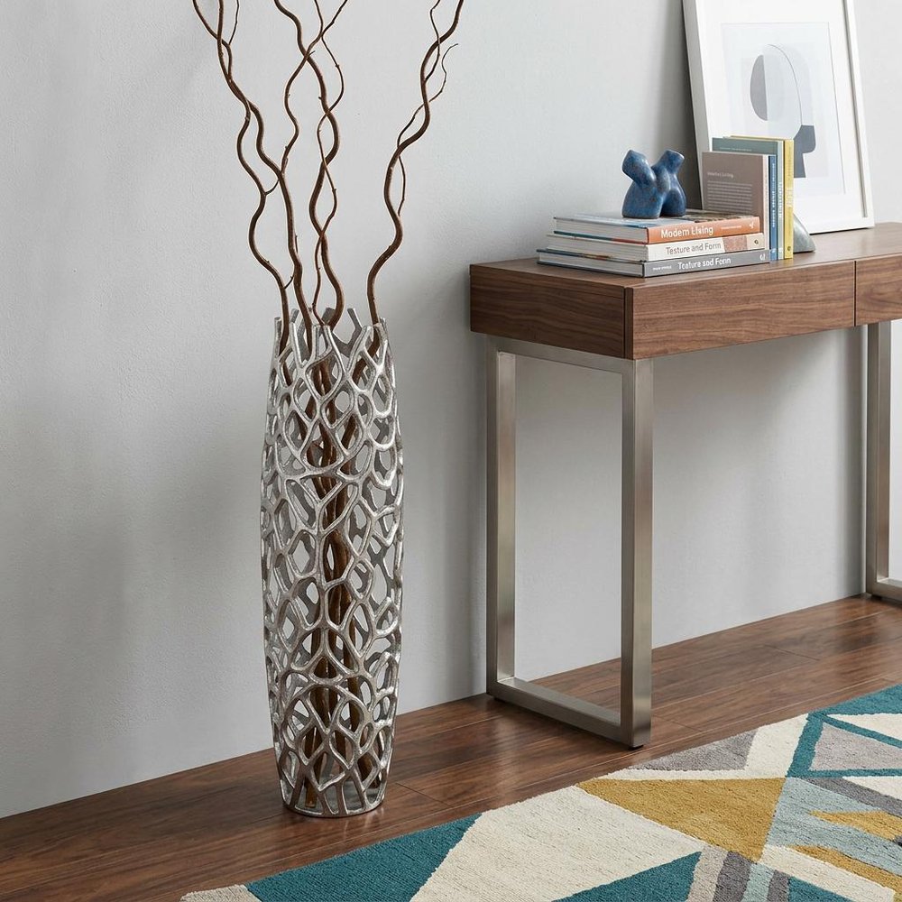 47" Aluminum Silver Twigs Cylinder Floor Vase