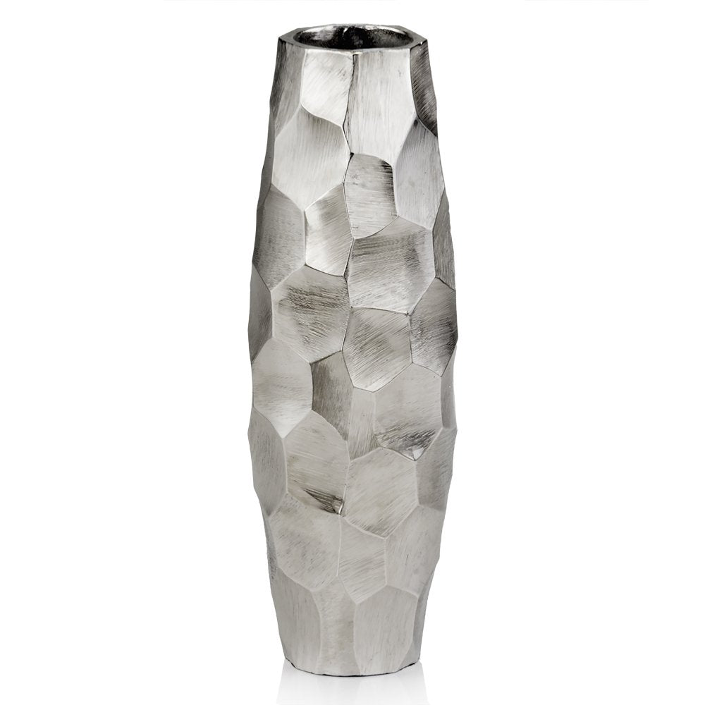 14" Aluminum Silver Faceted Geometric Cylinder Table Vase