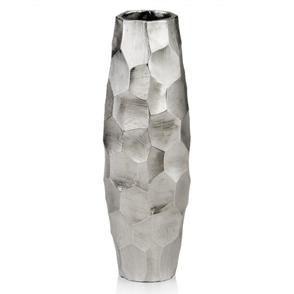 14" Aluminum Silver Faceted Geometric Cylinder Table Vase