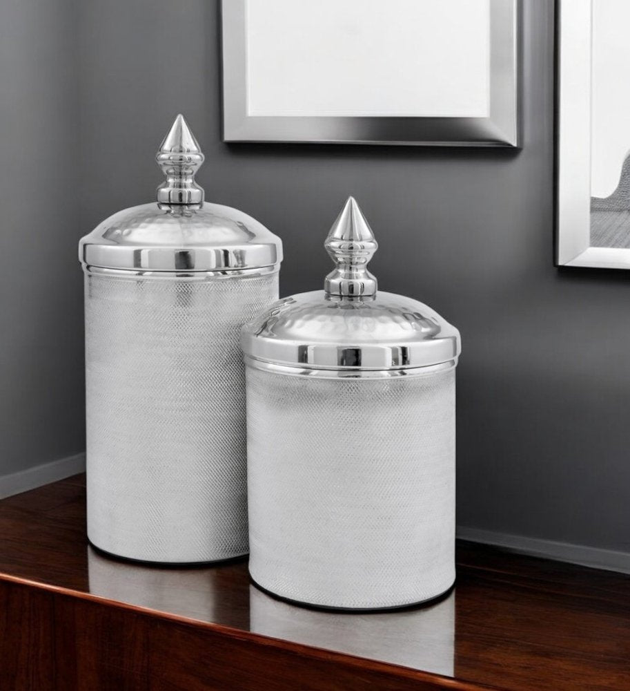 Set of Two Silver Aluminum Tweed Decorative Canisters
