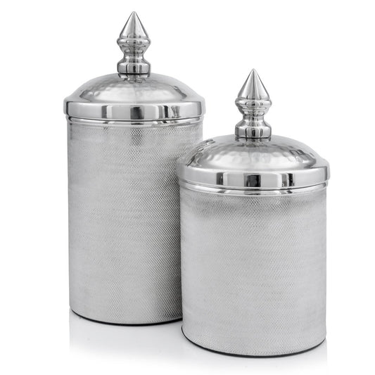 Set of Two Silver Aluminum Tweed Decorative Canisters