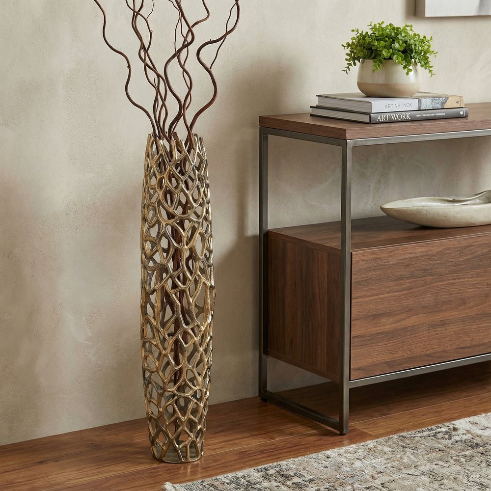 32" Aluminum Gold Twigs Cylinder Floor Vase