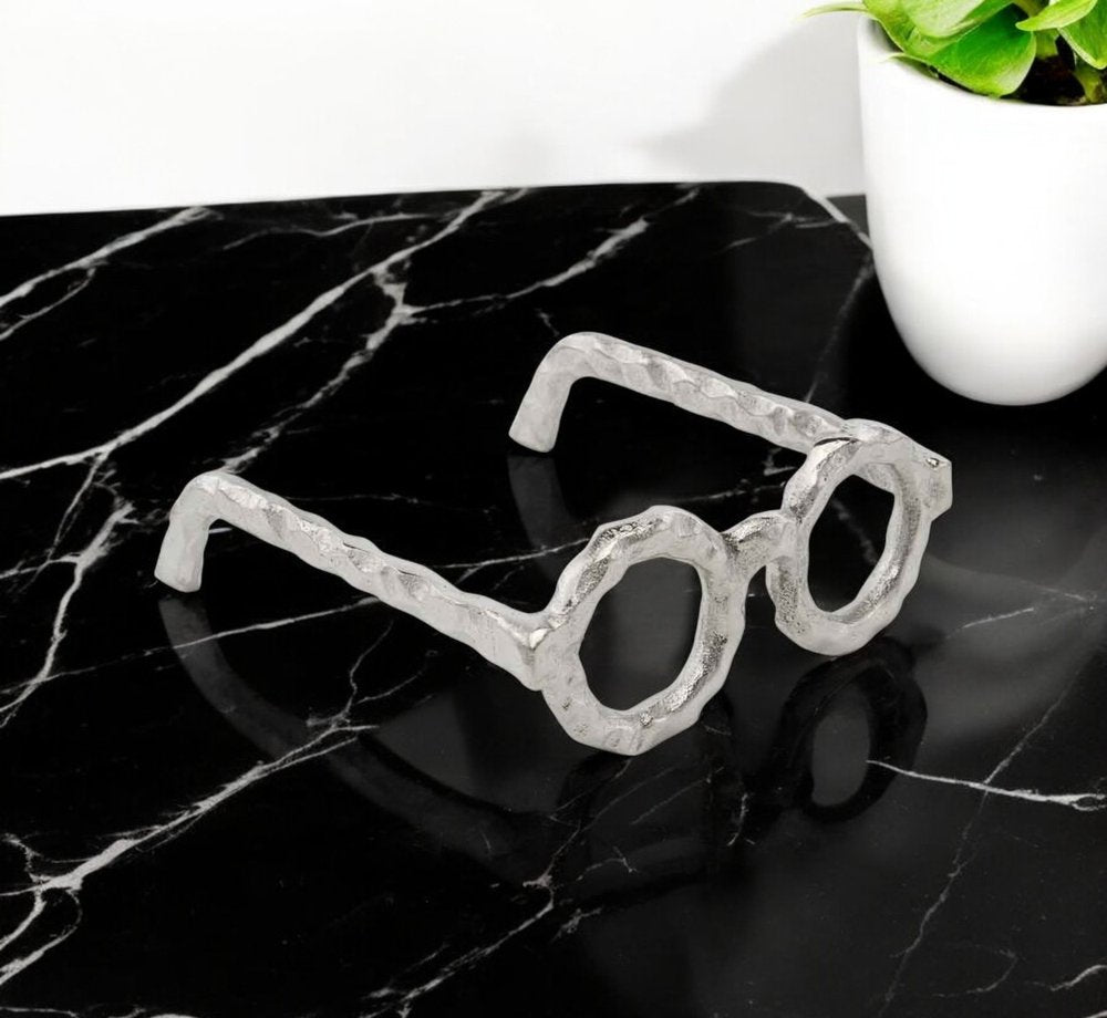 7" Silver Aluminum Textured Round Eyeglasses Tabletop Sculpture