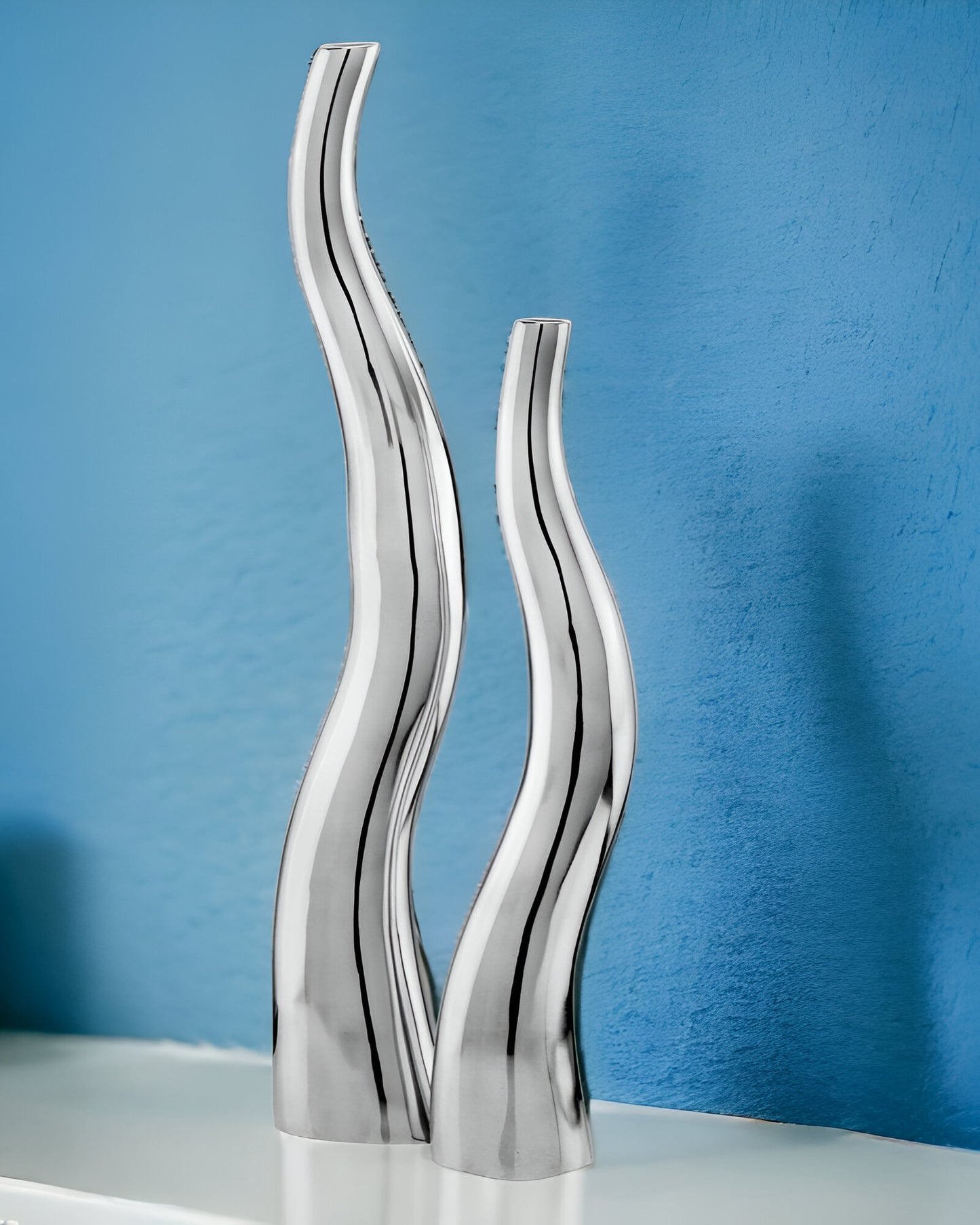 Set Of 2 Modern Tall Silver Squiggly Vases