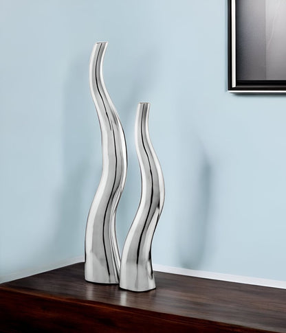 Set of Two Silver Aluminum Squiggly Vases