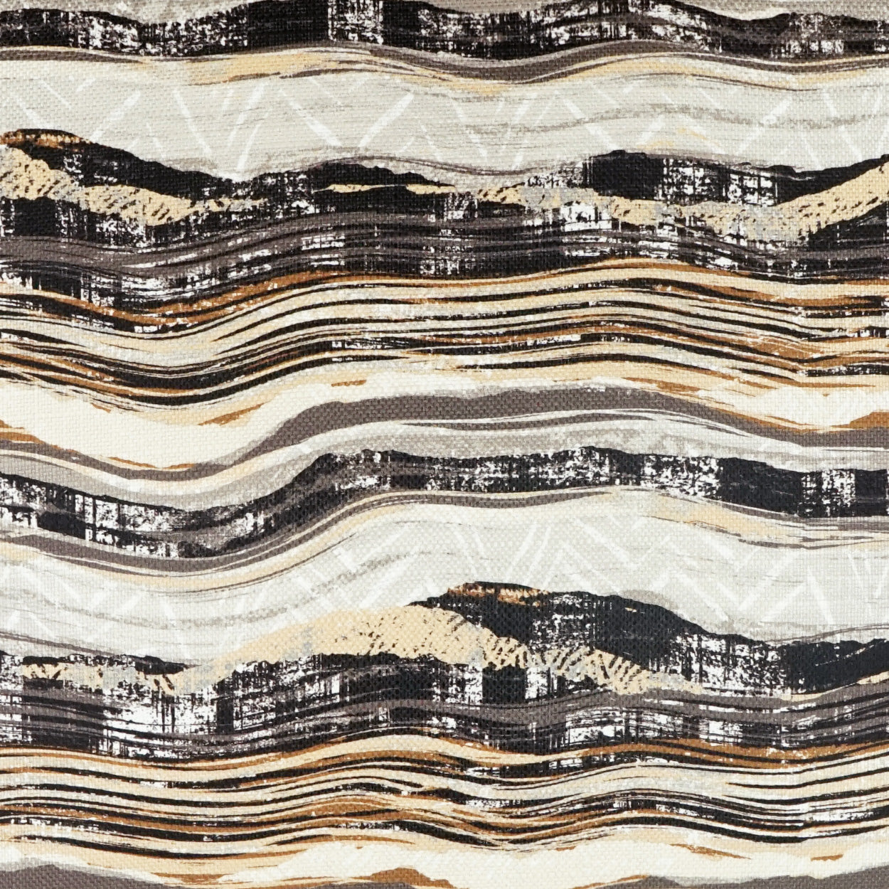 Abstract wavy stripe fabric in black, beige, tan, gray and cream; versatile upholstery/textile.