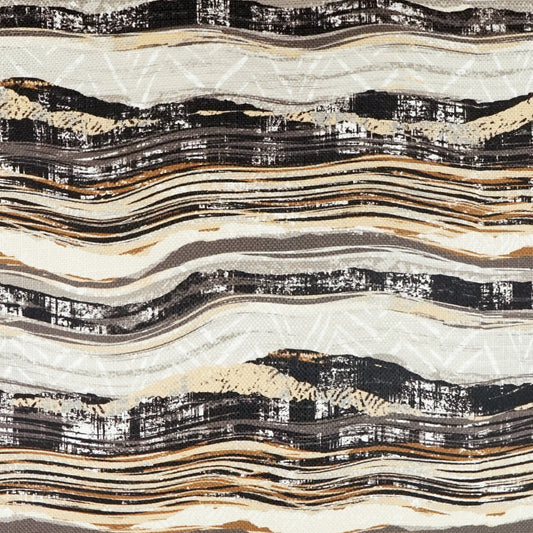 Abstract wavy stripe fabric in black, beige, tan, gray and cream; versatile upholstery/textile.