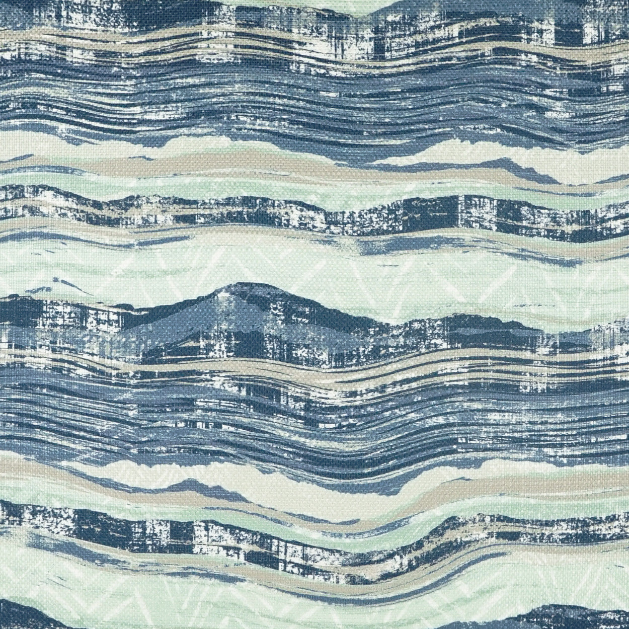 Abstract pillow featuring blue navy waves and mint-beige stripes, textured print reminiscent of ocean tides.