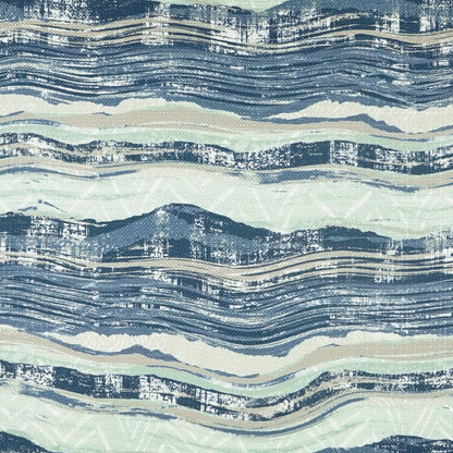 Abstract pillow featuring blue navy waves and mint-beige stripes, textured print reminiscent of ocean tides.
