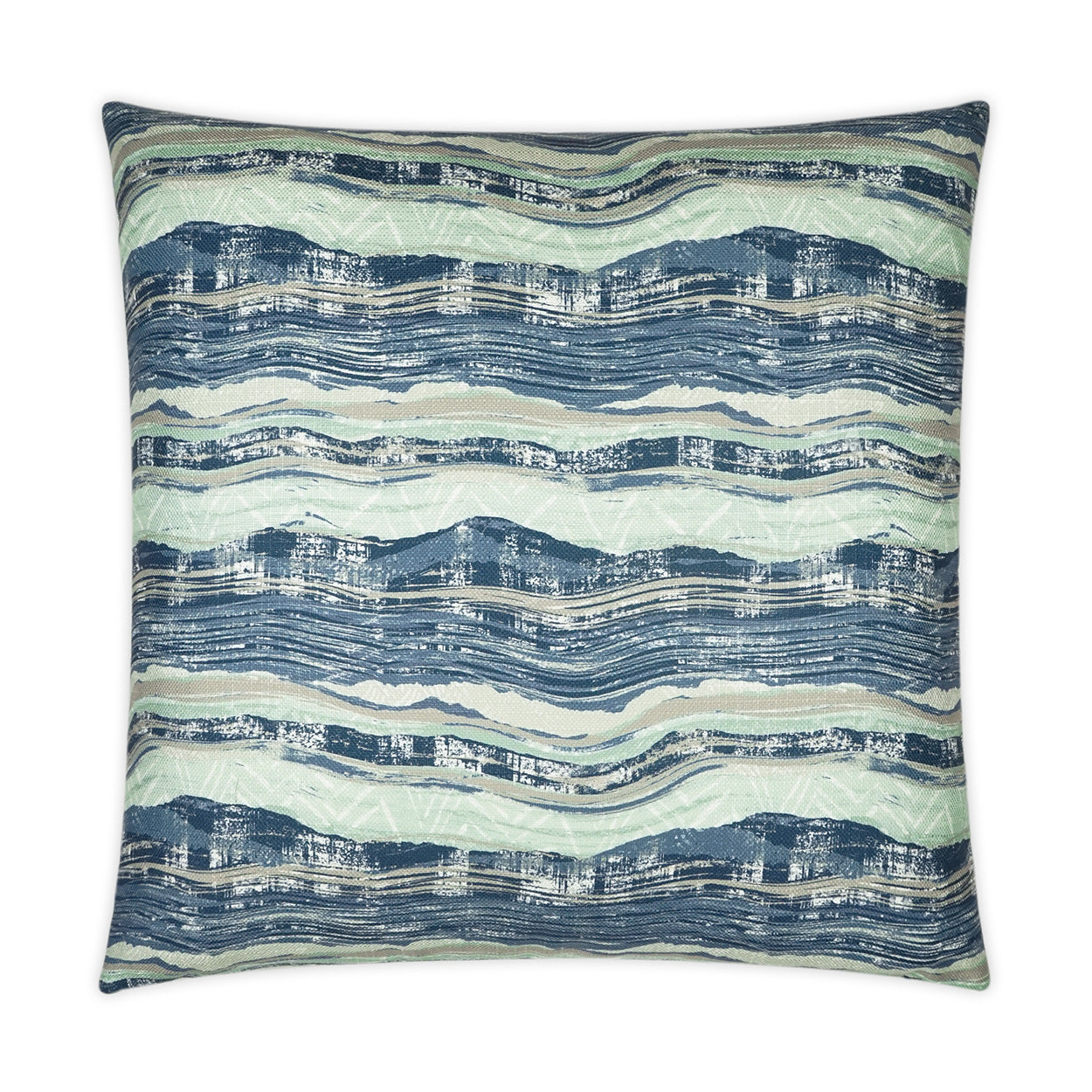 Square decorative throw pillow with navy, teal & mint wavy striped abstract pattern.