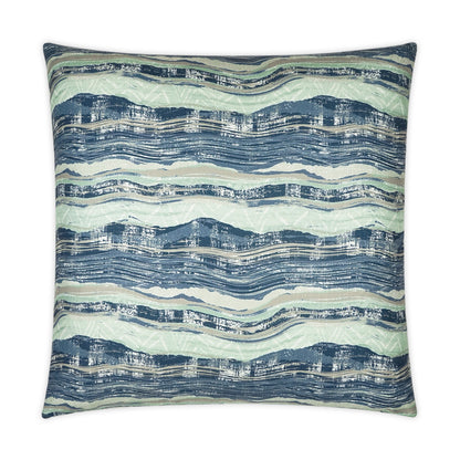 Square decorative throw pillow with navy, teal & mint wavy striped abstract pattern.