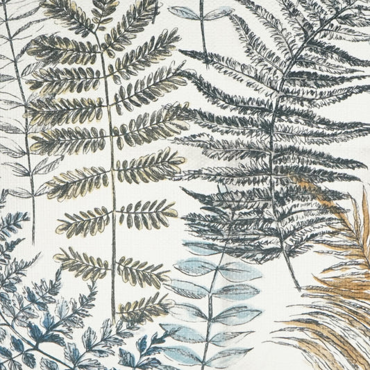 Fern botanical print fabric with blue-grey, olive, and tan fronds over white.