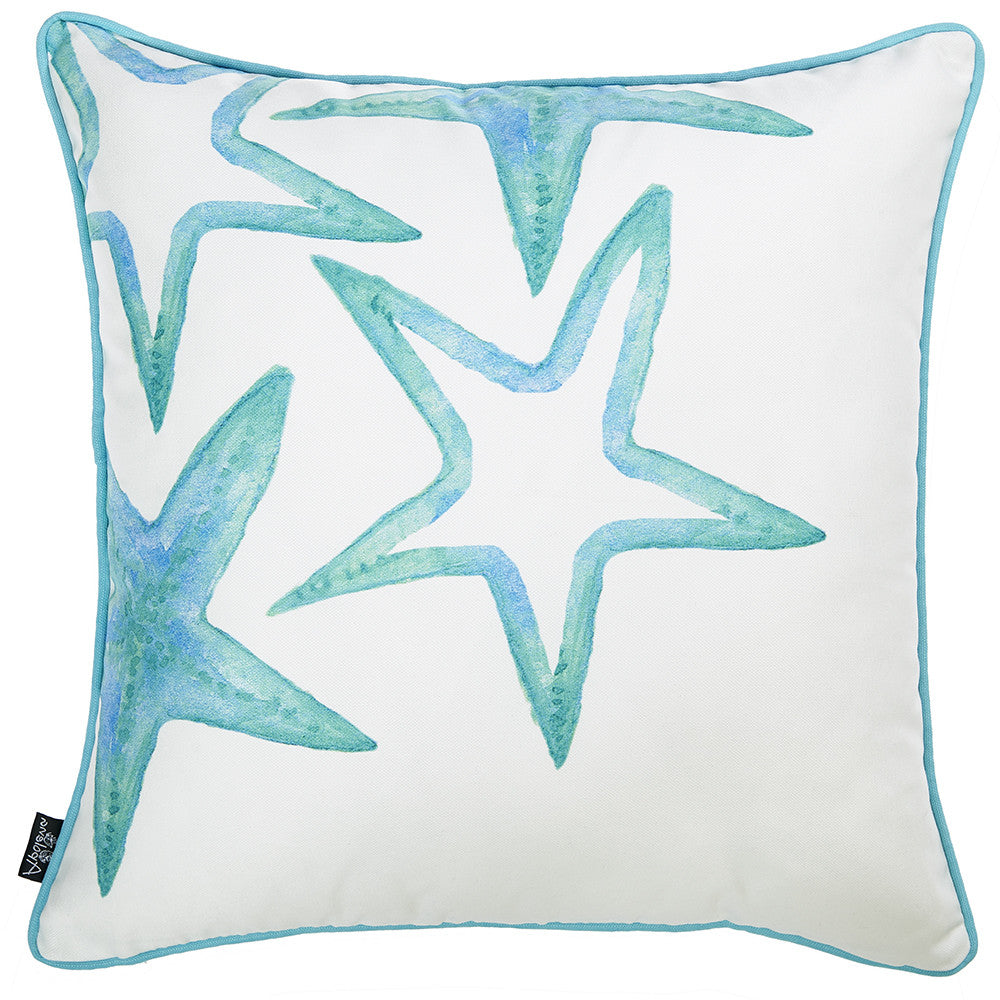 18" White And Aqua Blue Starfish Decorative Throw Pillow Cover