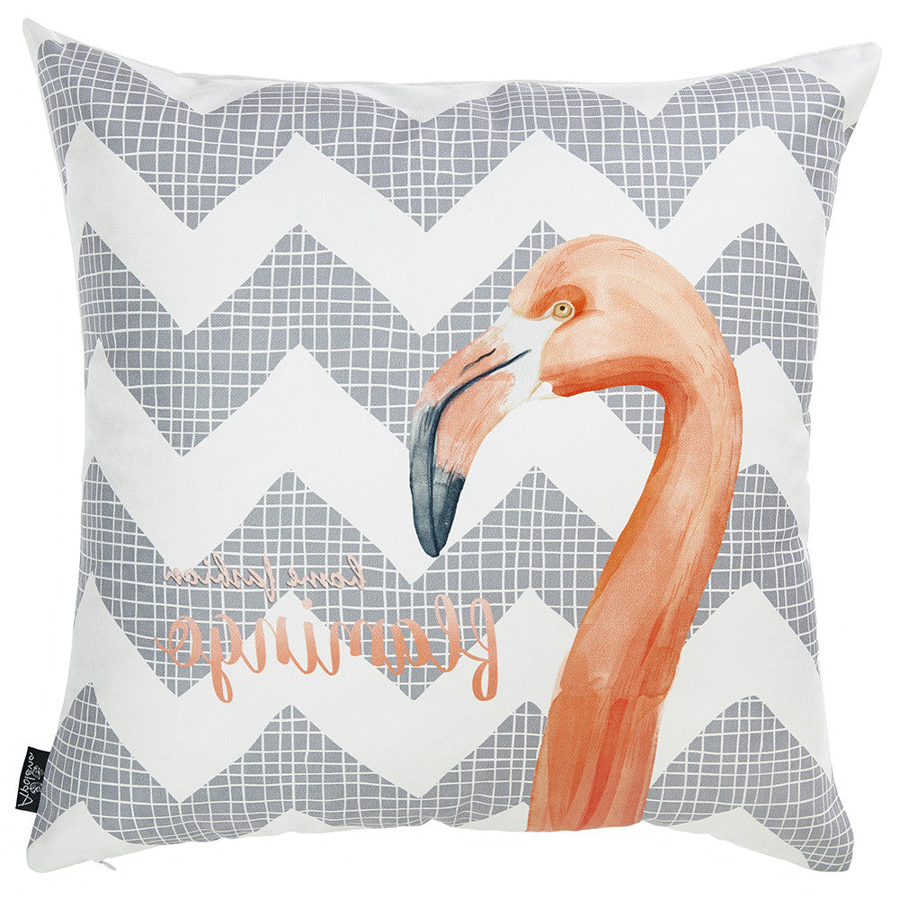 Flamingo And Gray Chevron Decorative Throw Pillow Cover.