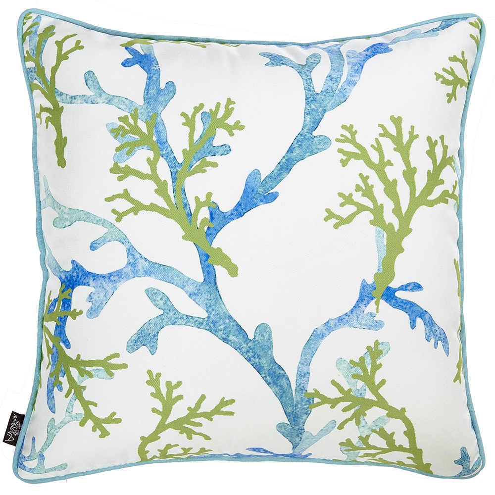 18" Blue Green And White Coral Throw Pillow Cover