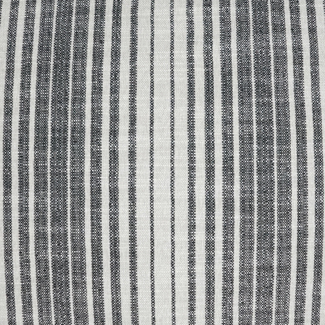 White woven fabric with narrow navy blue vertical stripes and subtle texture.