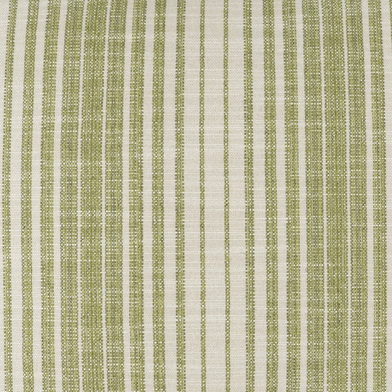 Woven fabric with olive to sage green vertical striped pattern against natural white base.