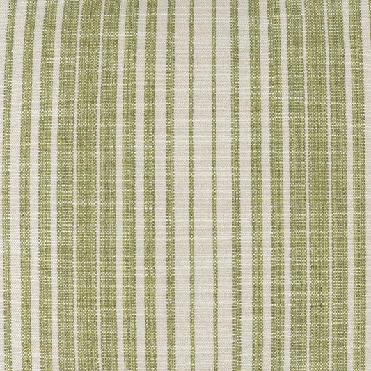 Woven fabric with olive to sage green vertical striped pattern against natural white base.