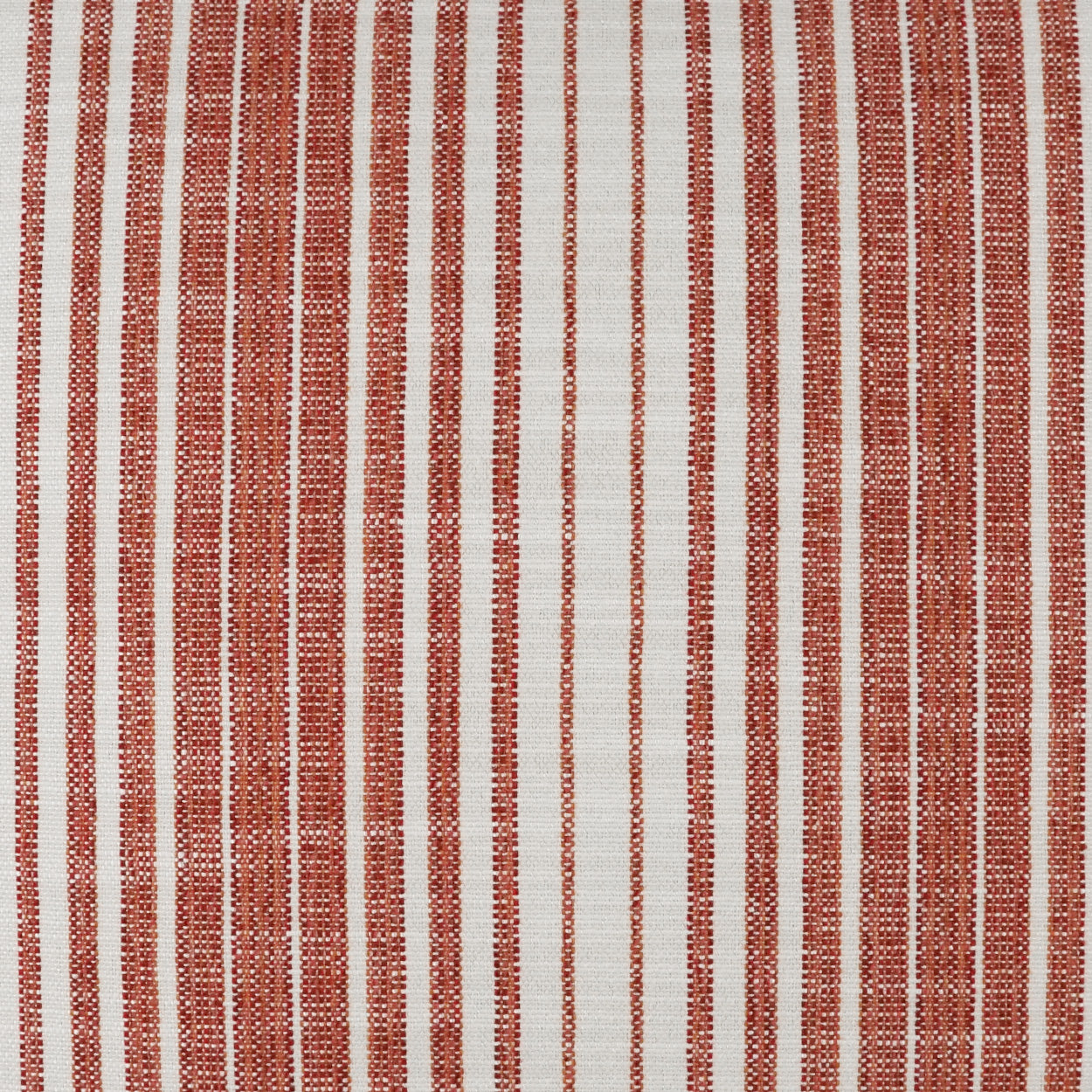 Rust-red and beige striped woven fabric with narrow vertical lines; upholstery or drapery material.