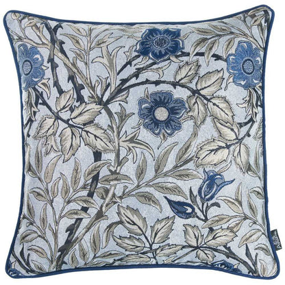 17" Beige And Blue Floral Fabric Throw Pillow Cover