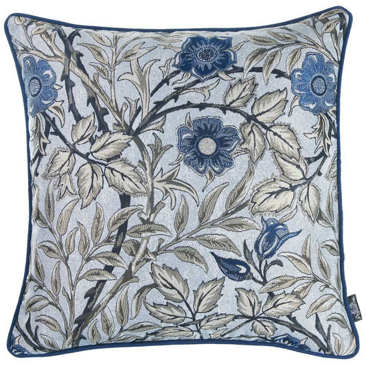 17" Beige And Blue Floral Fabric Throw Pillow Cover