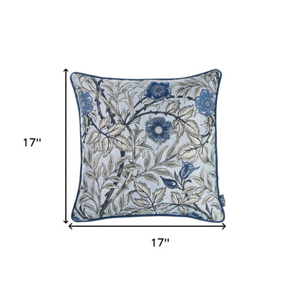 17" Beige And Blue Floral Fabric Throw Pillow Cover