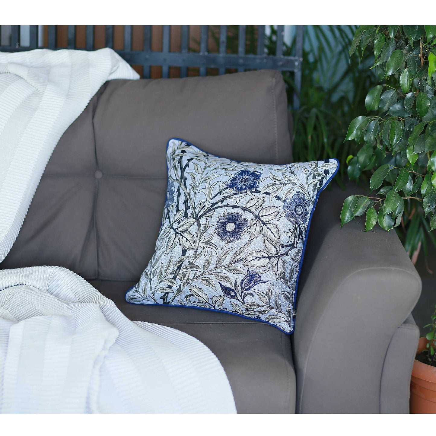 Blue Jacquard Leaf Decorative Throw Pillow Cover