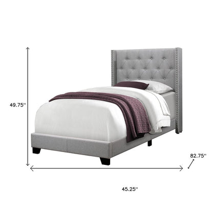 Gray Solid Wood Twin Tufted Upholstered Linen Bed Frame with Nailhead Trim