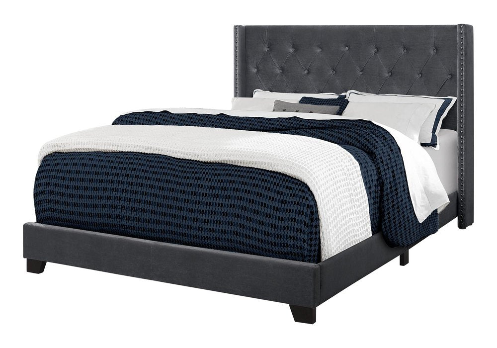 Solid Wood Queen Tufted Gray Upholstered Velvet Bed With Nailhead Trim