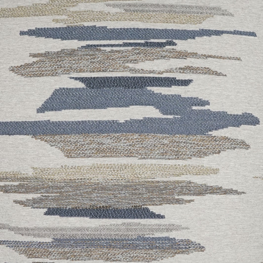 Abstract woven rug with blue, beige and taupe brushstroke stripes on a light background.