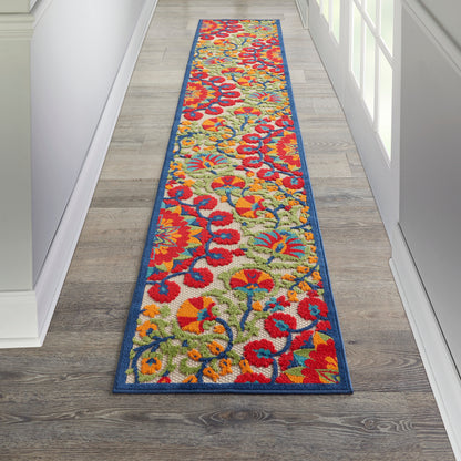 Long floral hallway runner rug with red, orange, and blue flowers on a beige background and a blue border.