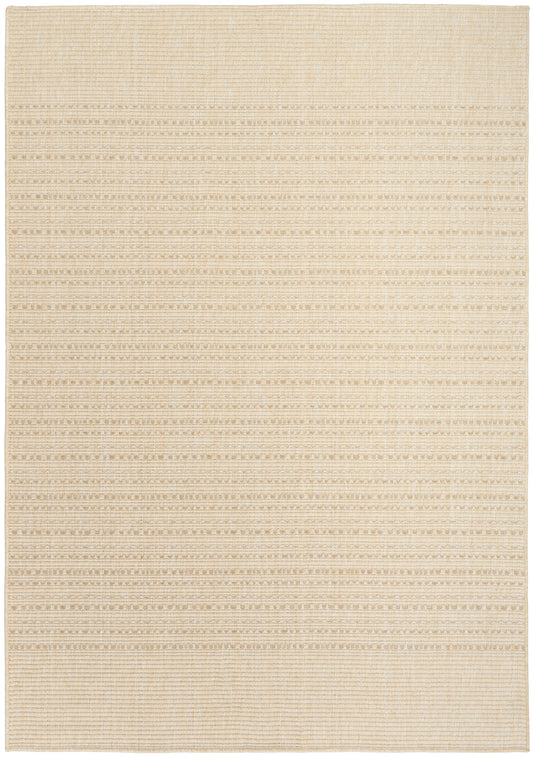 Beige woven outdoor rug with subtle cream and tan horizontal stripes; flatweave, soft textured surface; 5' x 7'.