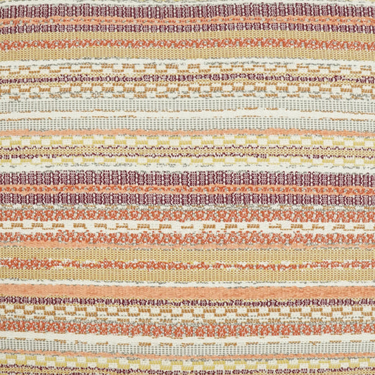 Horizontal striped woven fabric in earthy oranges, browns, creams and purple with a textured pattern.