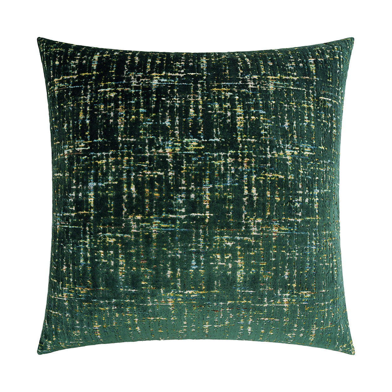 Square green velvet decorative throw pillow with abstract gold & ivory streaked pattern.
