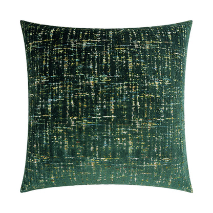 Square green velvet decorative throw pillow with abstract gold & ivory streaked pattern.