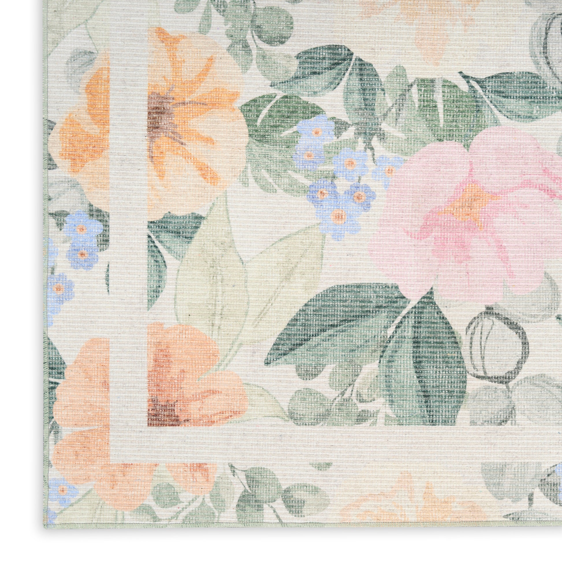 Pastel floral woven rug close-up: peach & pink blossoms, blue flowers & green leaves, white border.