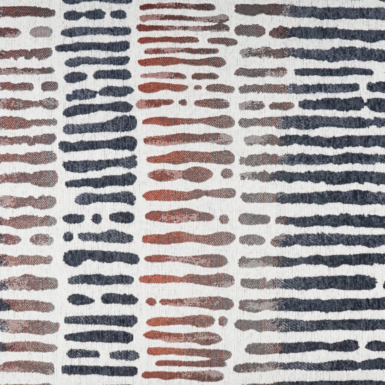 Textured fabric with vertical stripes of irregular navy, rust & gray brush-stroke bars on cream background.
