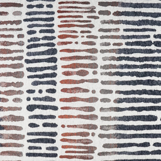 Textured fabric with vertical stripes of irregular navy, rust & gray brush-stroke bars on cream background.